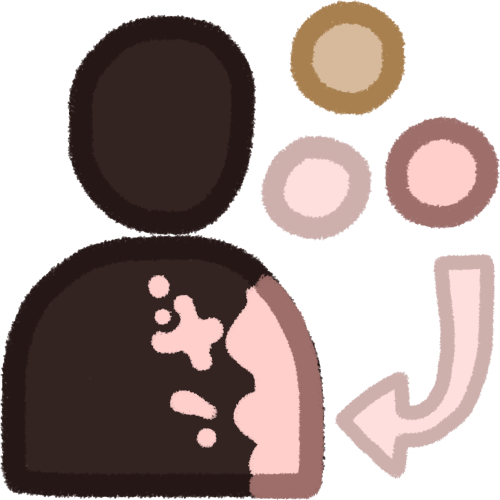a dark skinned figure on the left, there’s 3 circles of light skin tones to the right of the persons head, there’s an arrow coming from the circles and pointing to the person in a light color, there’s a splatter of the pinky light skin toned color on the person